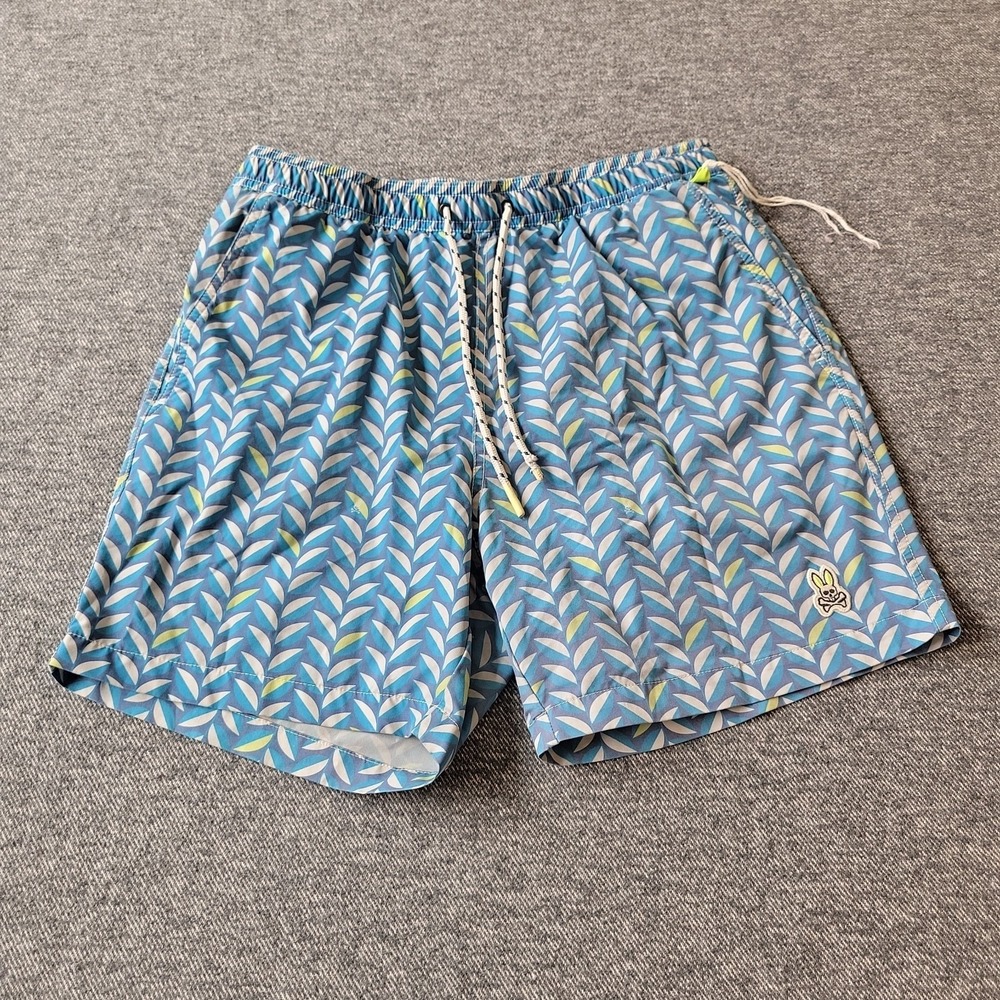 Psycho Bunny Swim Trunks Men's Medium Blue Leaf All Over Print Bunny Mesh Lined